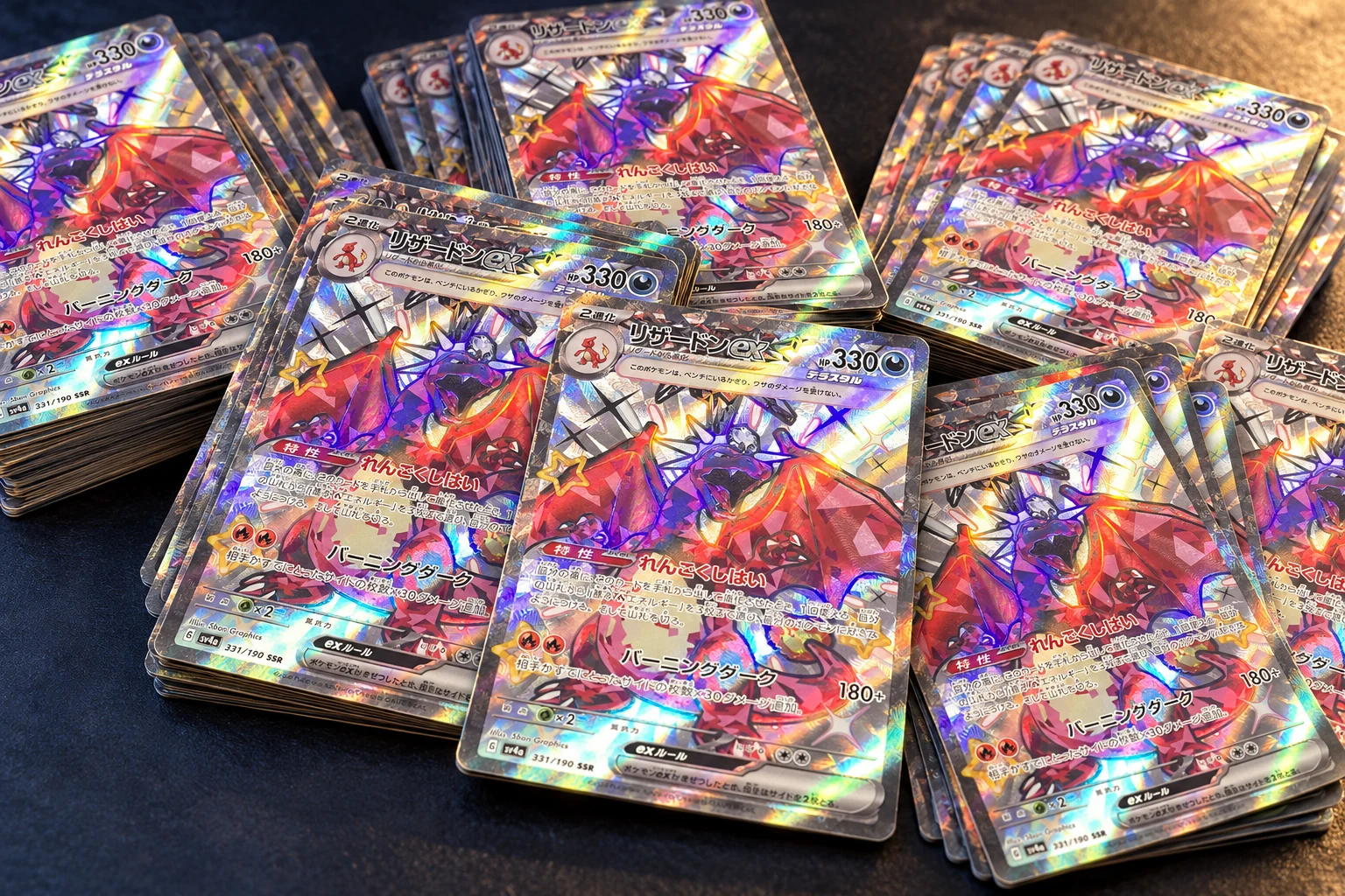 Cena ilustrativa de atacado com várias pilhas da mesma carta japonesa de Charizard ex